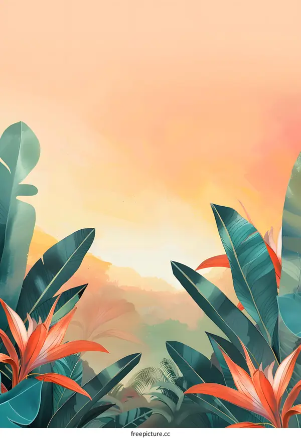 Tropical Leaves and Flowers on a Sunset Background