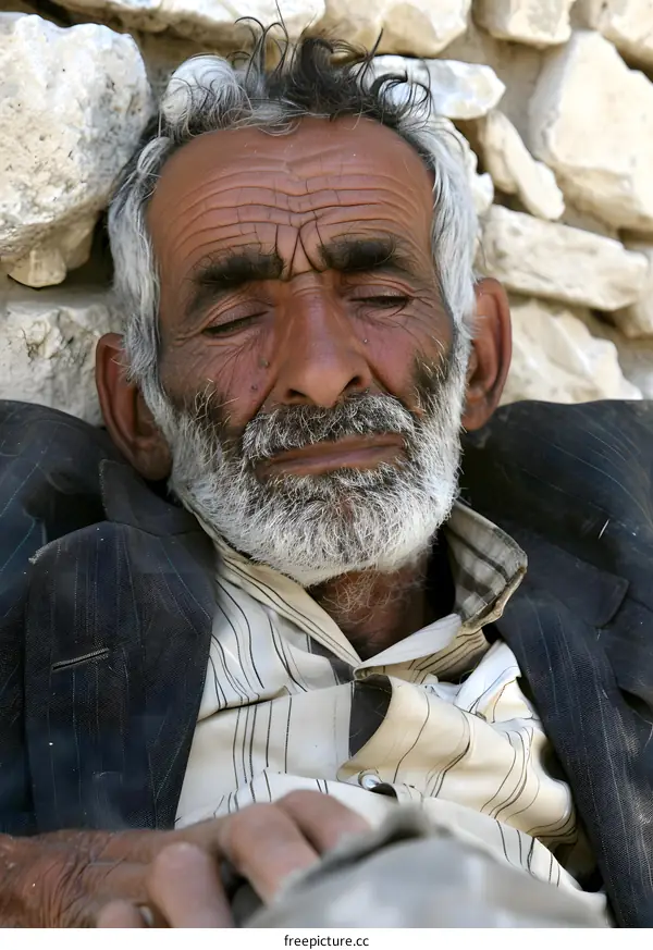 Close Up Portrait of an Elderly Man with White Hair and a Beard