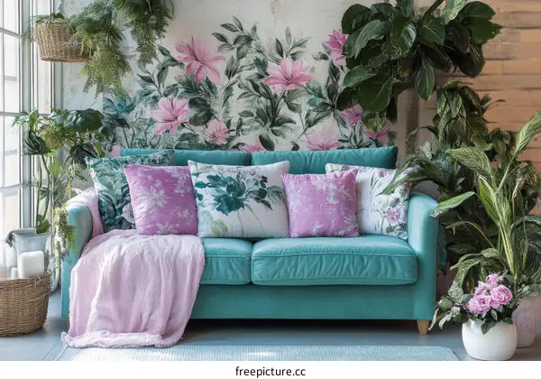 Teal Sofa with Pink Floral Cushions and Plants