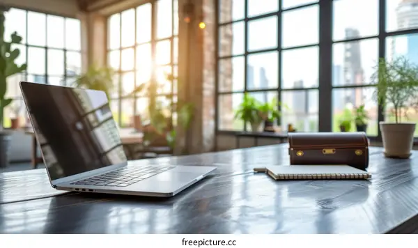 An open laptop sits on a wooden table in a home office with large windows in the background