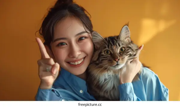 A young woman is smiling and pointing at a cat.