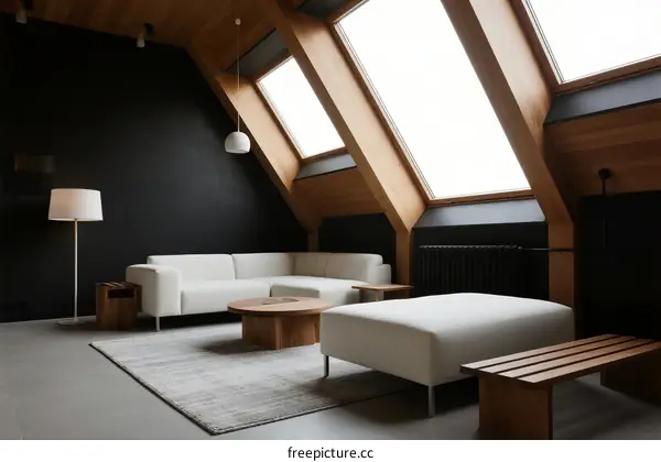 Modern Attic Living Space with Slanted Roof and White Furniture