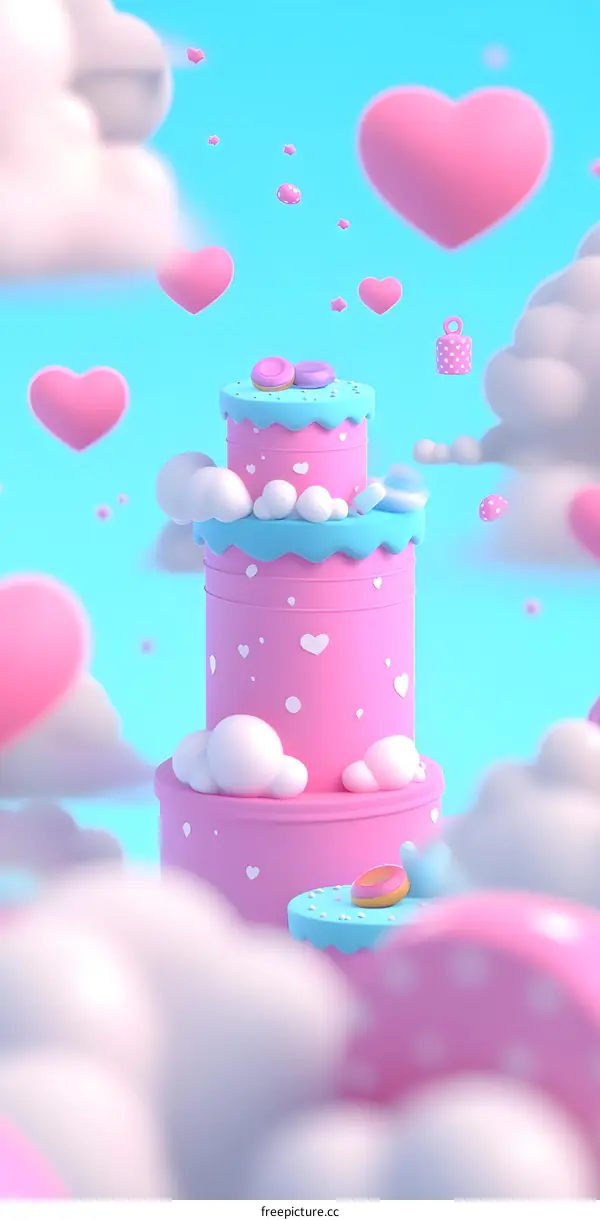 Pink Cake with Hearts and Clouds Illustration