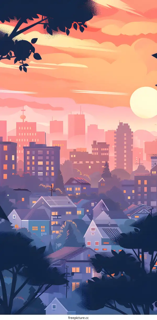 Silhouette Cityscape Illustration with Sunset Sky