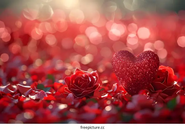 Red roses and a red heart-shaped sequin decoration