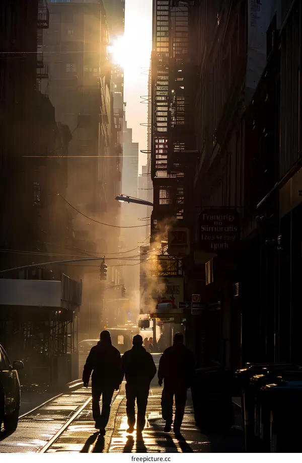 Silhouettes of People Walking in a City Street During Sunrise
