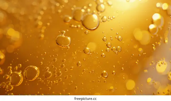Close-up of oil bubbles floating in amber liquid