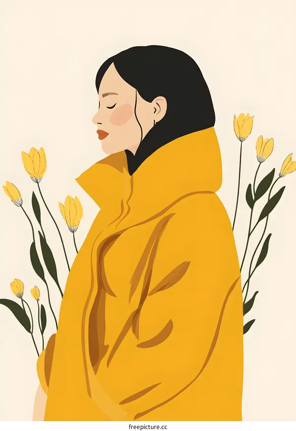 Woman In Yellow Coat With Flowers