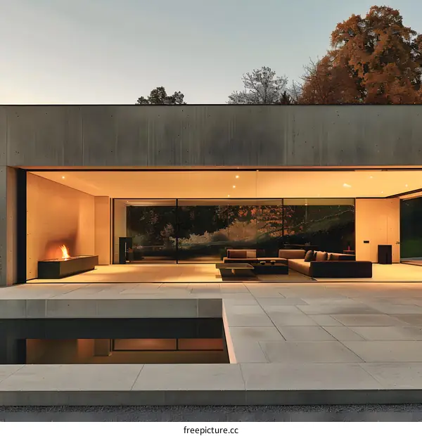 Modern Concrete House With Outdoor Patio And Fire Pit