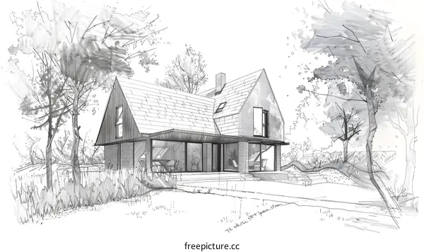 Pencil Sketch of Modern House Architecture