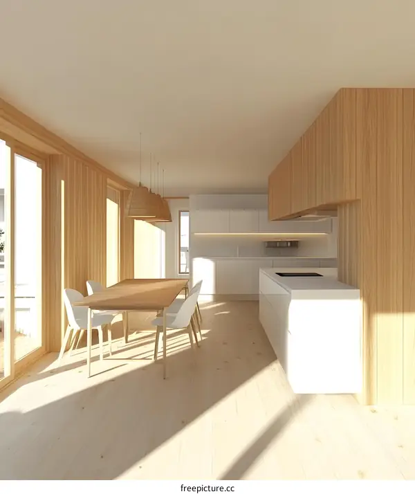 Modern Minimalist Kitchen Interior Design With Wooden Walls and White Cabinets