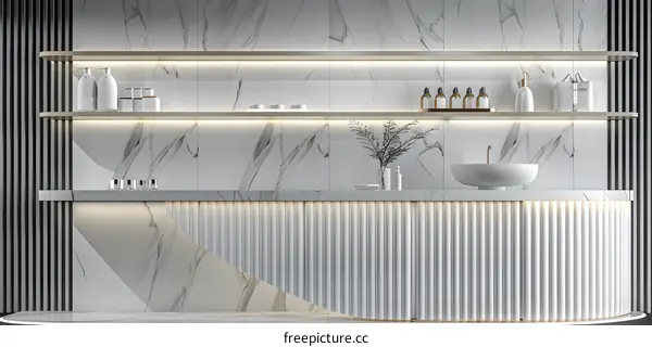 Minimalist White Bathroom Interior Design With Marble Wall And Gold Accents