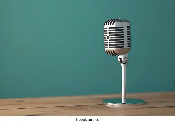 Retro silver microphone on wooden table with green background