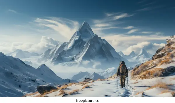 Lone Hiker Traverses Snow-Covered Mountain Landscape