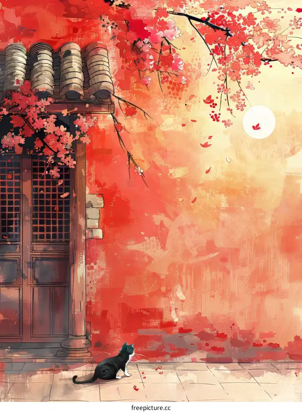 A black cat sitting under a cherry blossom tree