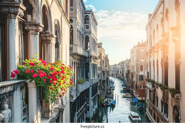 Venice Canal with Flowers and Sunlight