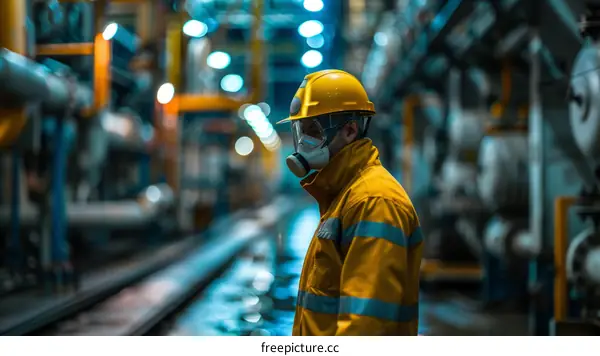 man in hazmat suit and gas mask standing in industrial setting