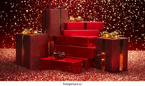 Stacked Red Gift Boxes with Golden Ribbons