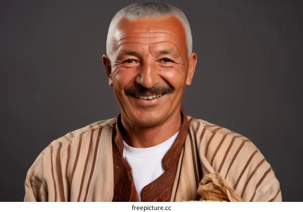 Portrait of a smiling man with a mustache wearing a brown and white striped shirt