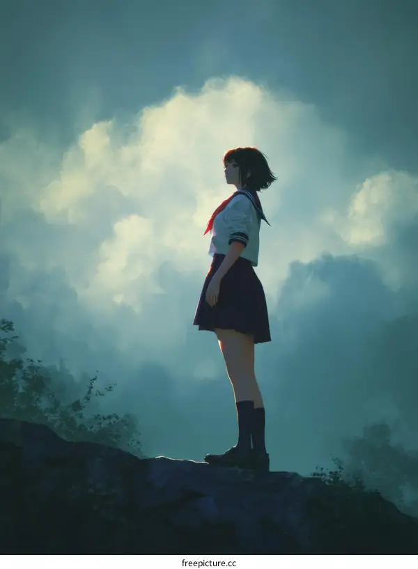 A Girl in Uniform Standing on a Cliff