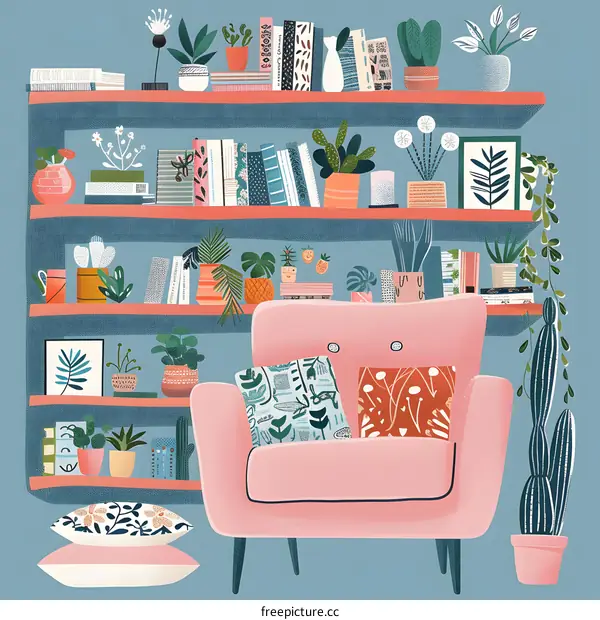 Cozy Living Room with Pink Armchair and Bookshelves Filled with Plants