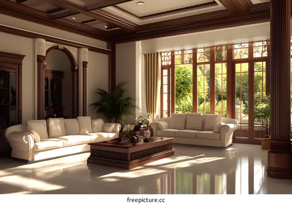 Modern Living Room With Wooden Beams And Large Windows