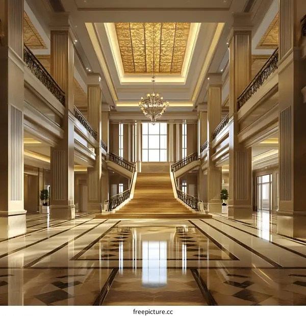 Grand Staircase and Chandelier in Luxurious Lobby