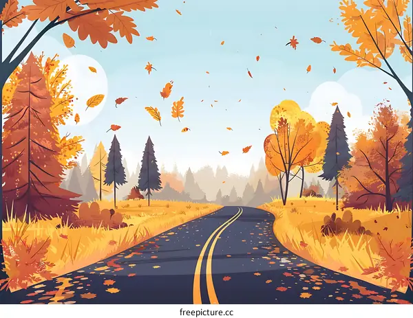 Autumn Road with Falling Leaves Illustration