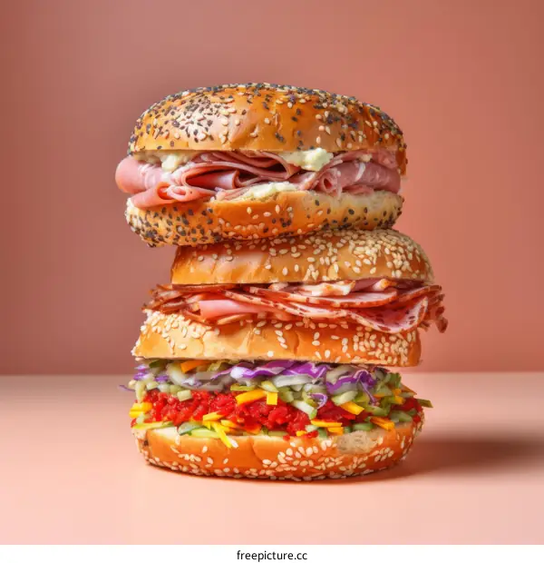 A triple-decker sandwich with ham, cheese, and vegetables