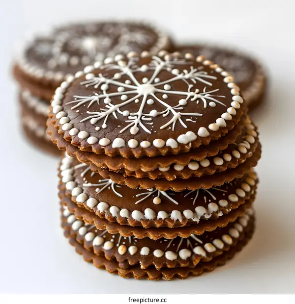 A stack of gingerbread cookies decorated with white icing