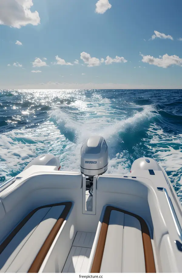 White Speedboat Sailing on Blue Ocean Under Sunny Sky