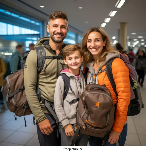 Family of three at the airport with their luggage
