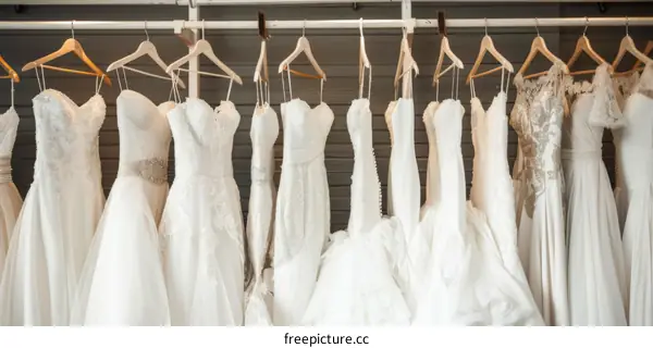 Wedding Dresses Hanging on a Rack in a Bridal Boutique