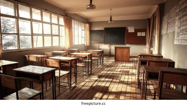 Empty Classroom with Sunlight and Wooden Furniture