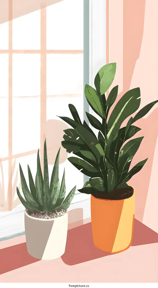 Two Green Plants In Pots On A Window Sill