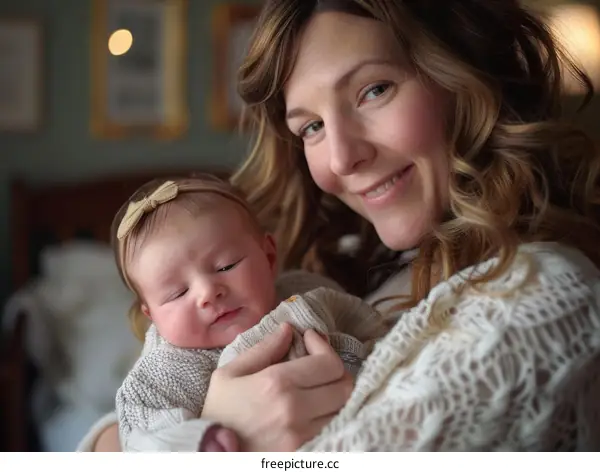 A mother is lovingly gazing at her sleeping newborn baby girl