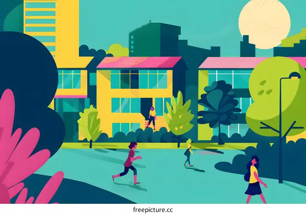 People Walking on a Green Path in a City Illustration
