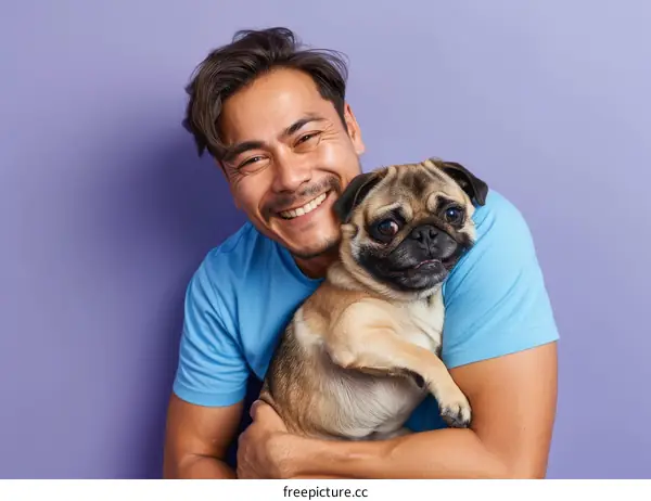 Asian man hugging a pug dog