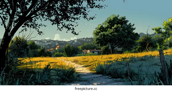 Countryside landscape with trees, houses and a road