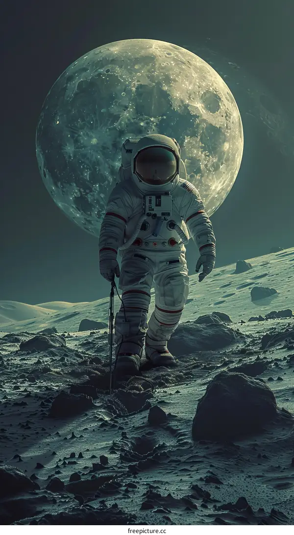 An astronaut in a spacesuit walks on the surface of the moon with the moon in the background