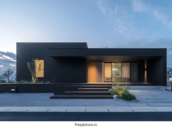 Modern Black House with Minimalist Design and Stone Pathway