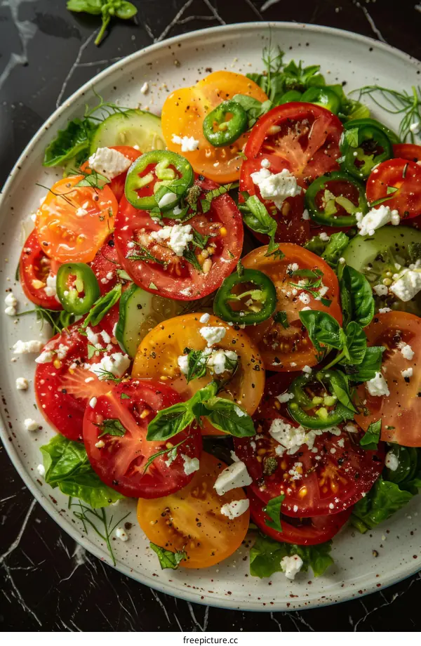 Heirloom tomato salad with cucumbers, feta and basil