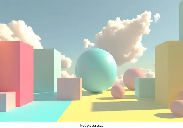 Pastel Colored 3D Shapes Against Cloudy Sky
