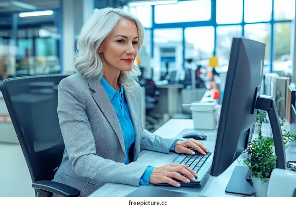 Business Woman Working on Computer in Modern Office