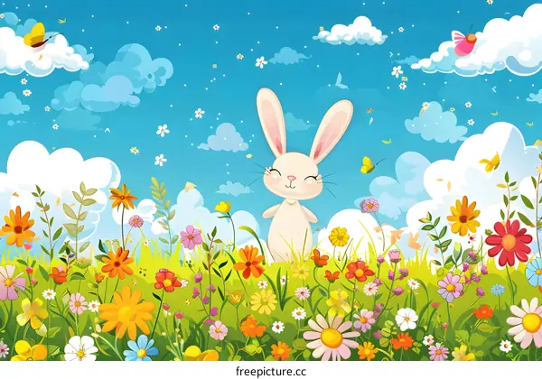 Cute Rabbit in Spring Meadow with Flowers and Butterflies