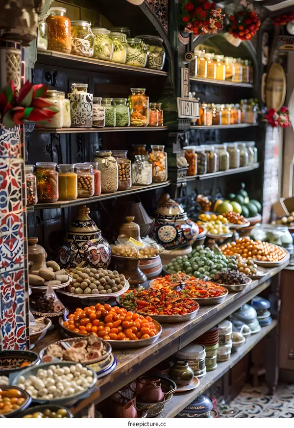 Shelves Full of Jars and Bowls of Spices and Dried Goods in a Moroccan Market