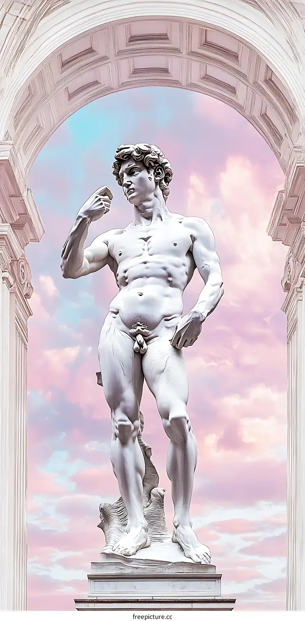 Marble Statue of David Under Archway with Pink Sky