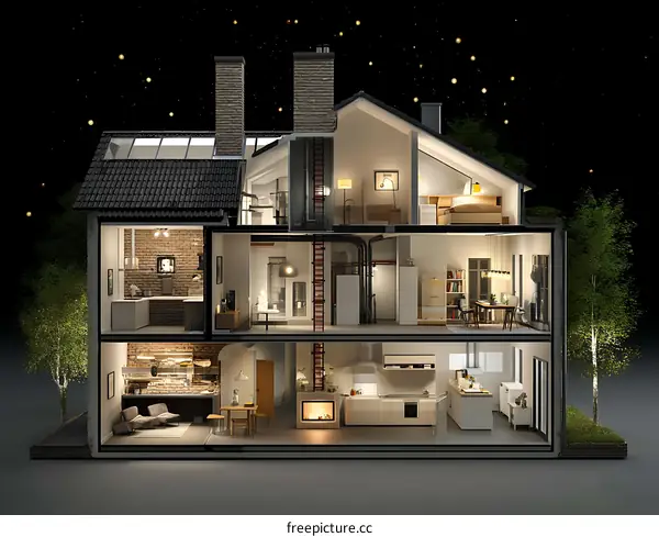 Modern House Floor Plan Illustration at Night
