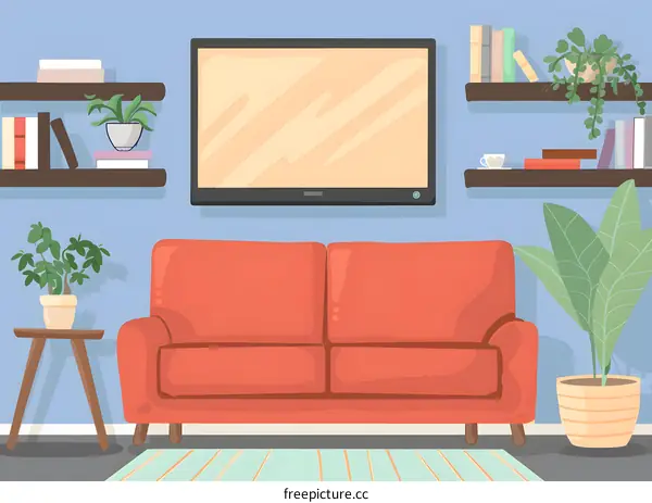 Living Room Interior with Orange Sofa, TV, and Plants
