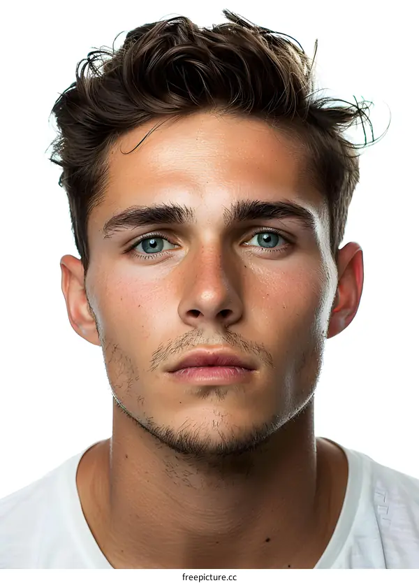 Close up portrait of a young caucasian man with blue eyes